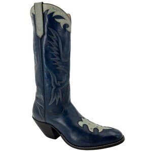 Vintage Rios of Mercedes Exotic Ostrich Leather Blue Cream Cowboy Boots Men's 9C